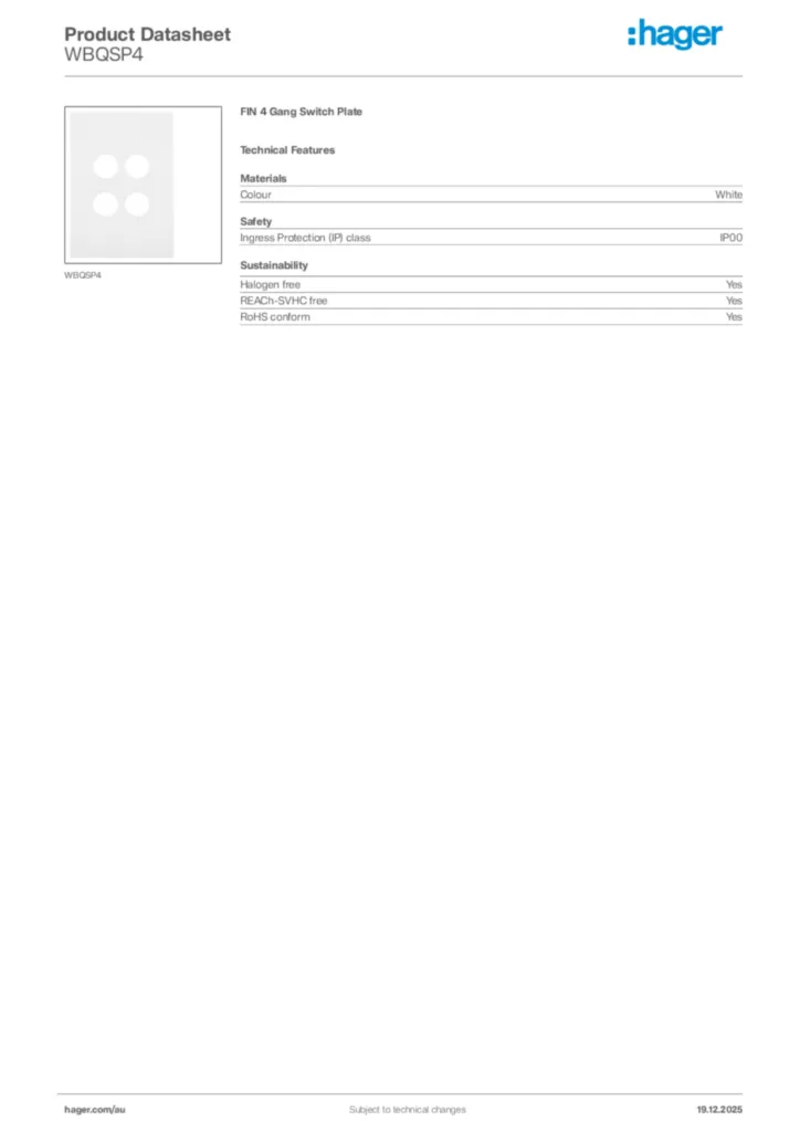 Image Hager Product data sheet WBQSP4  | Hager Australia