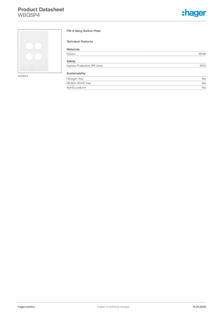Image Hager Product data sheet WBQSP4  | Hager New Zealand