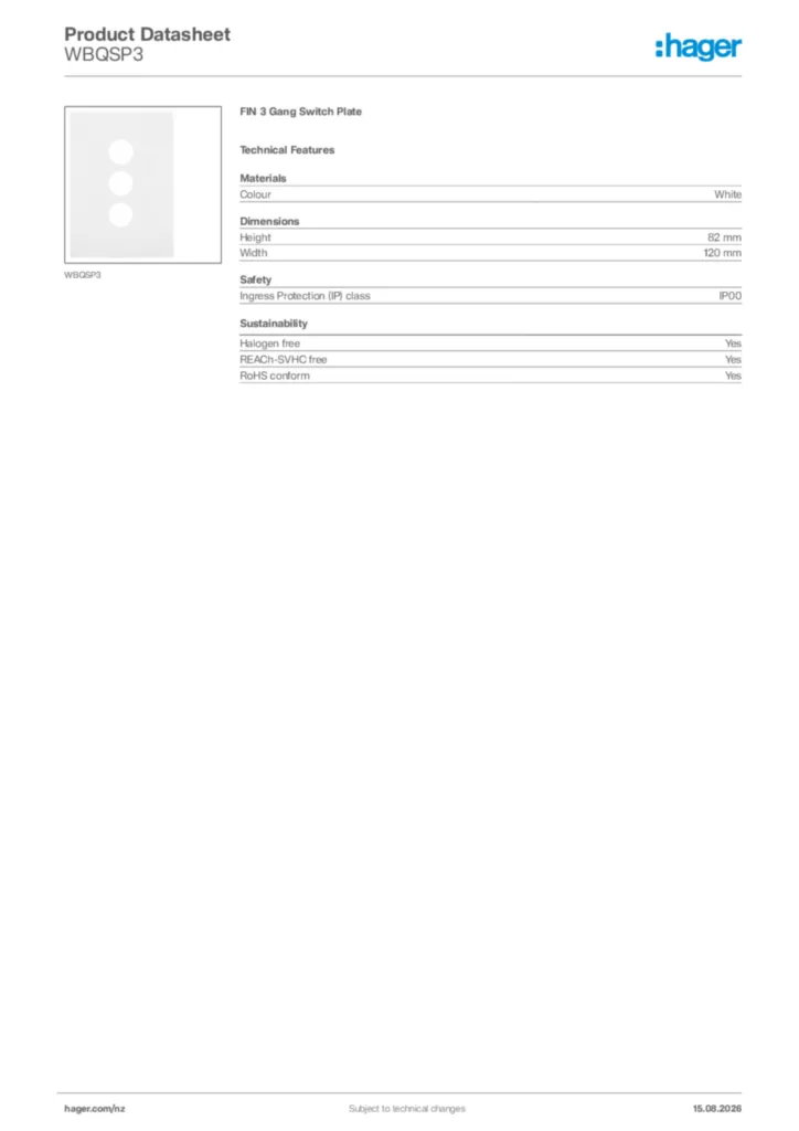 Image Hager Product data sheet WBQSP3  | Hager New Zealand