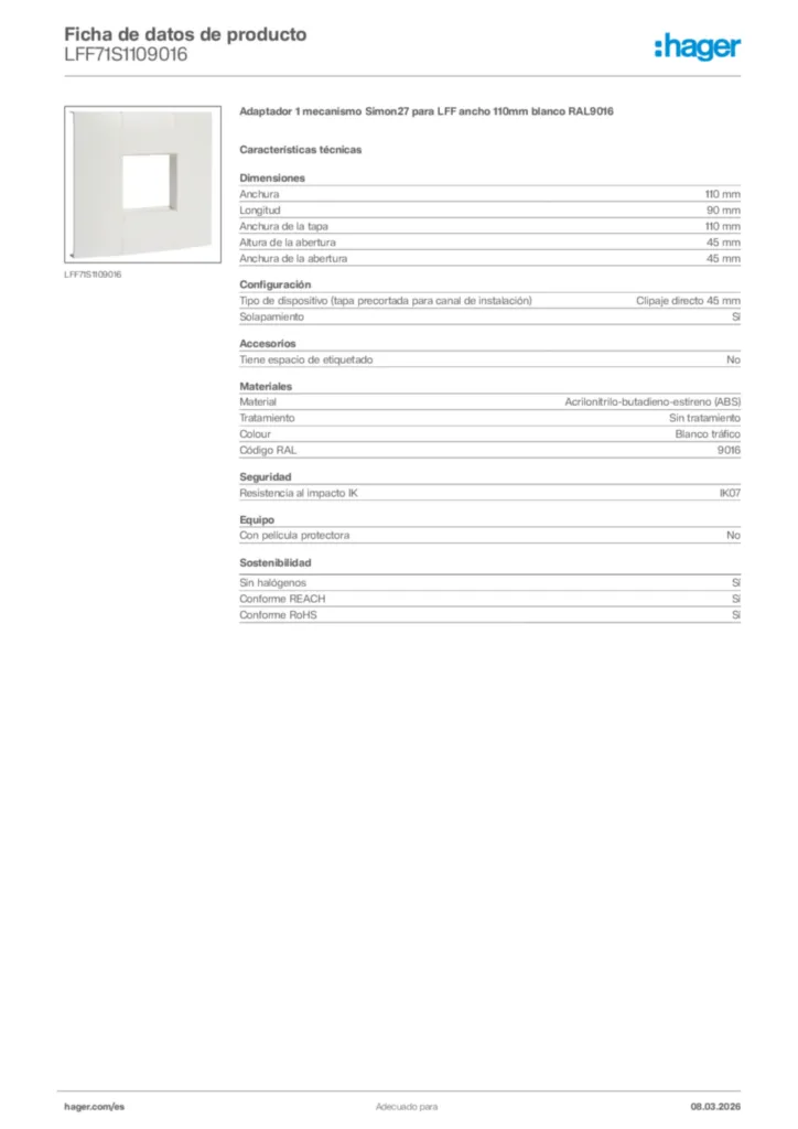 Imagen Hager Ficha de datos de producto LFF71S1109016 | Hager España