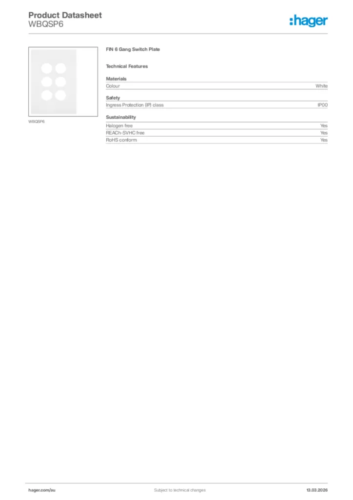 Image Hager Product data sheet WBQSP6  | Hager Australia