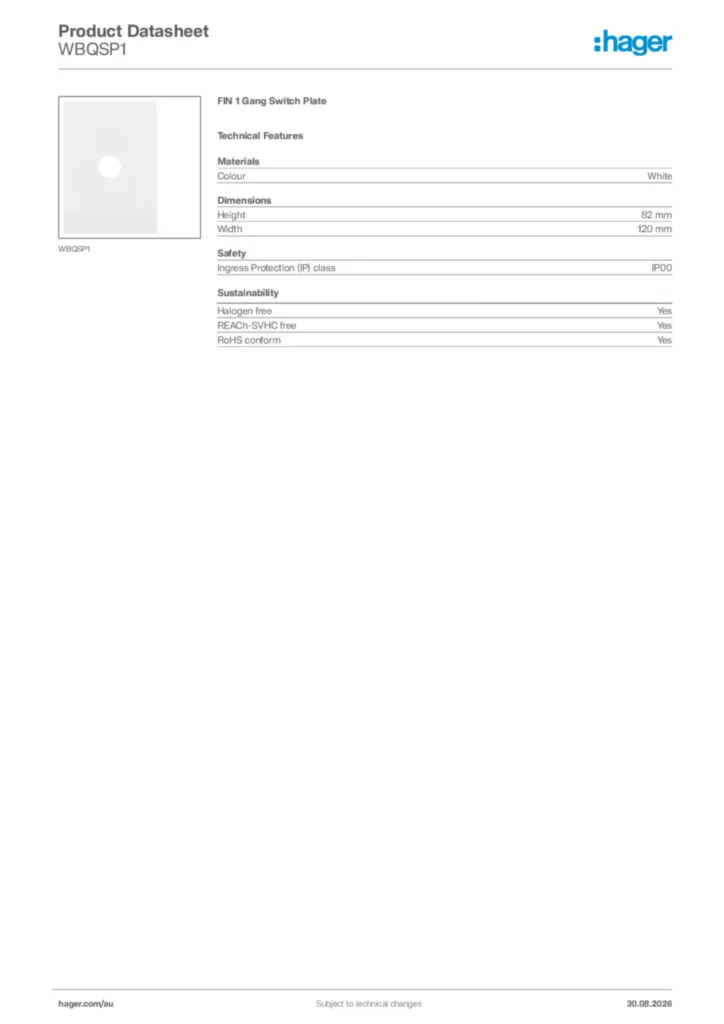 Image Hager Product data sheet WBQSP1  | Hager Australia
