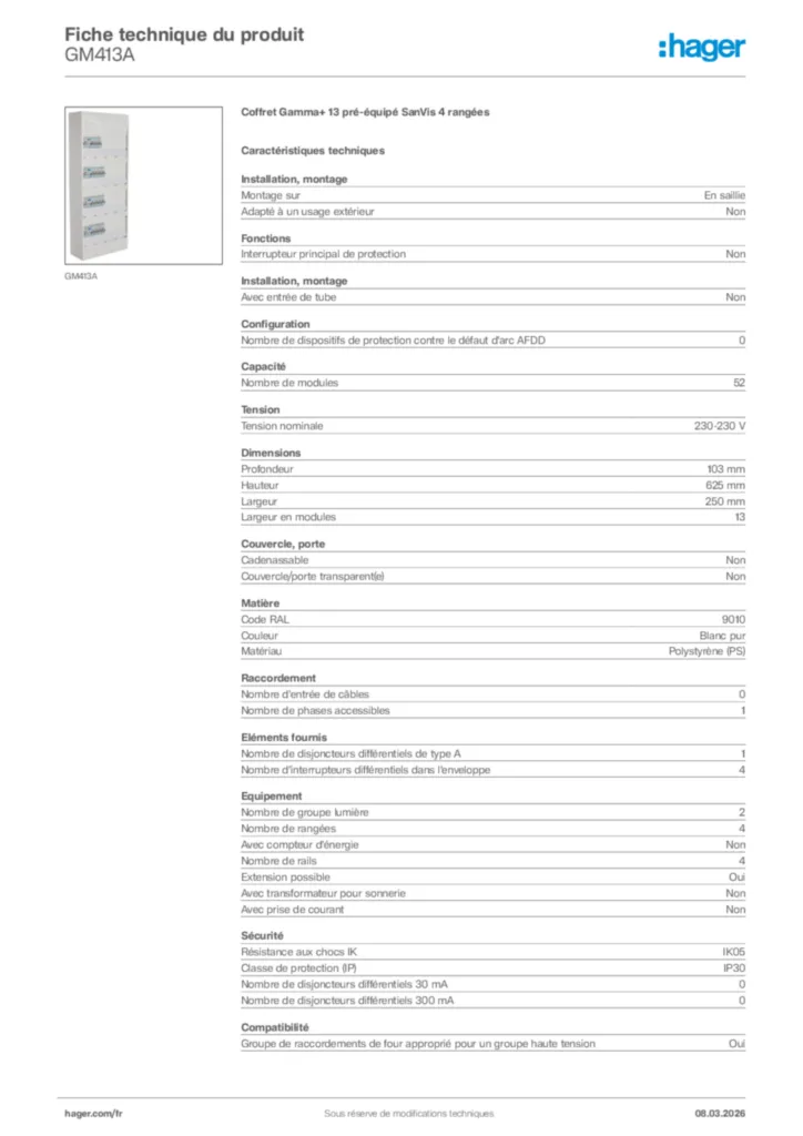 Image Hager Fiche technique du produit GM413A | Hager France