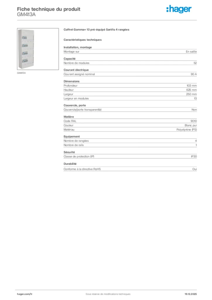 Image Hager Fiche technique du produit GM413A | Hager France