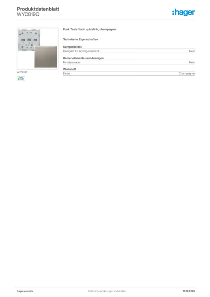 Bild Hager Produktdatenblatt WYC819Q | Hager Deutschland