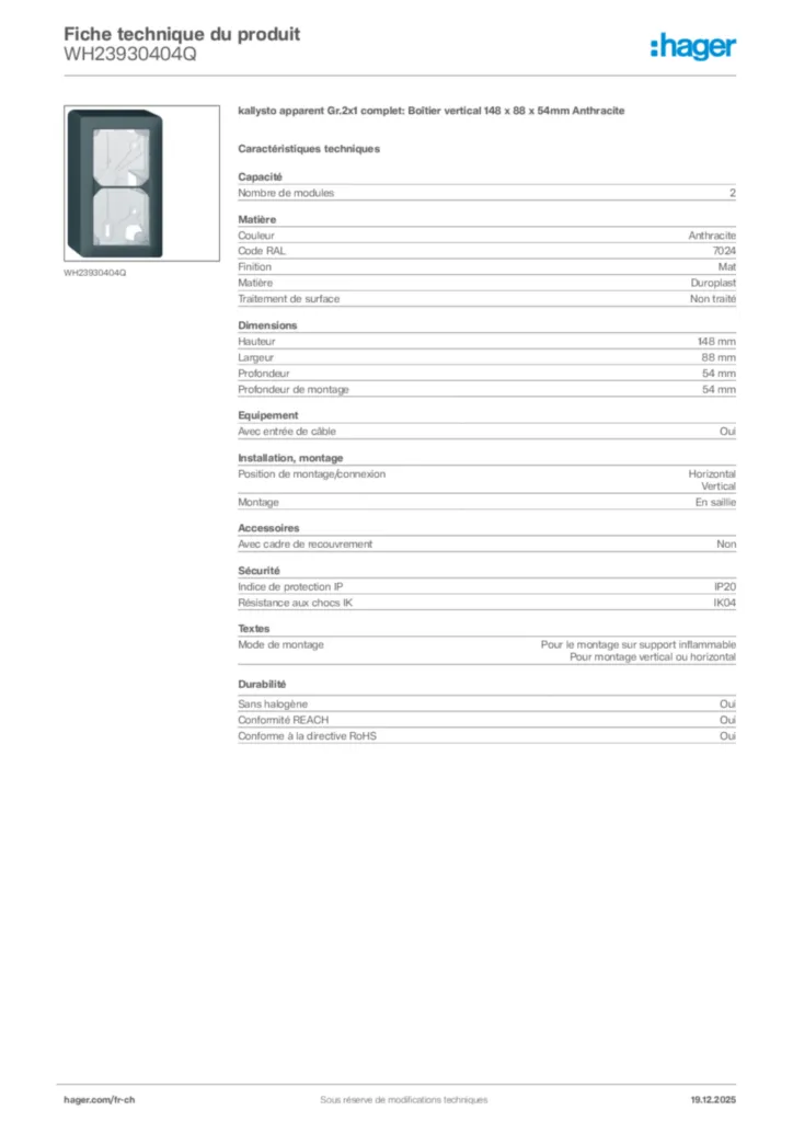 Image Hager Fiche technique du produit WH23930404Q | Hager Suisse