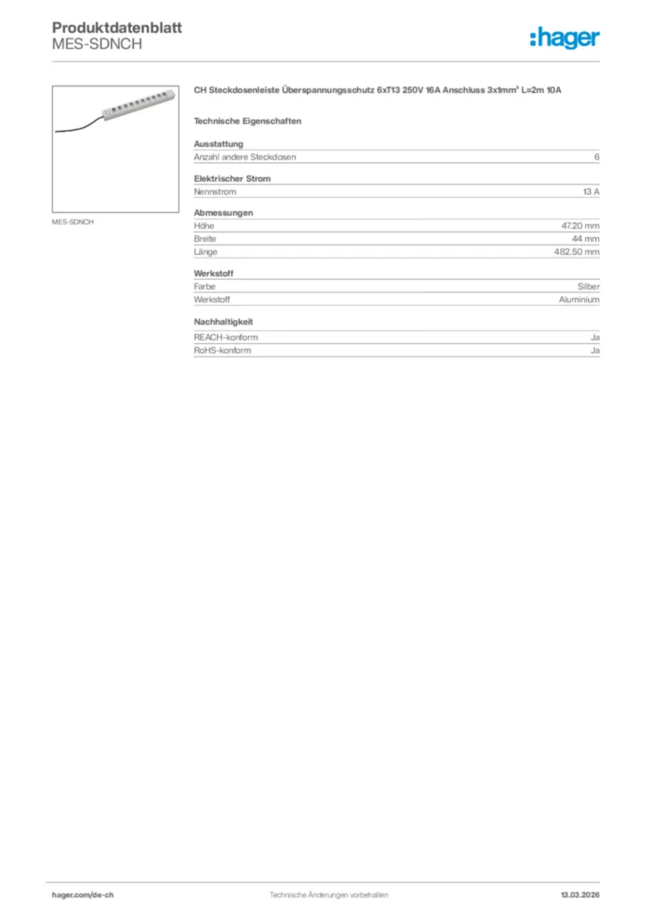 Bild Hager Produktdatenblatt MES-SDNCH | Hager Schweiz