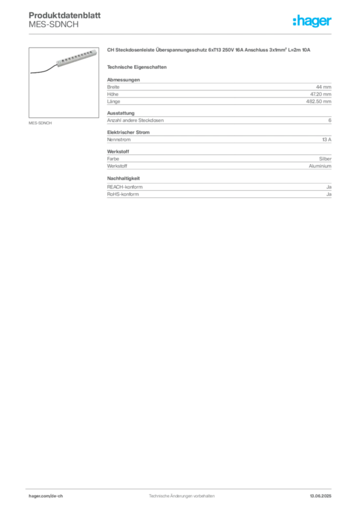 Bild Hager Produktdatenblatt MES-SDNCH | Hager Schweiz