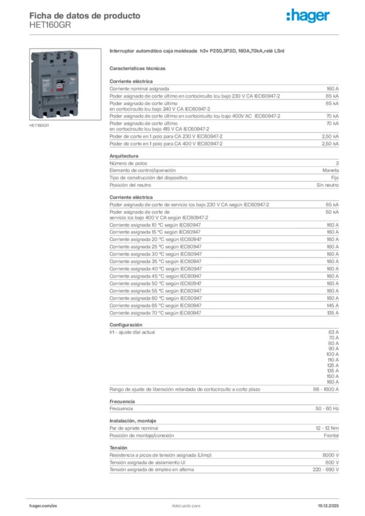Imagen Hager Ficha de datos de producto HET160GR | Hager España