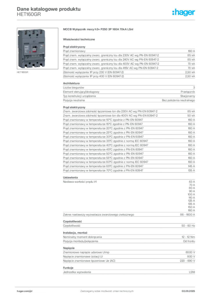 Zdjęcie Hager Karta katalogowa HET160GR | Hager Polska