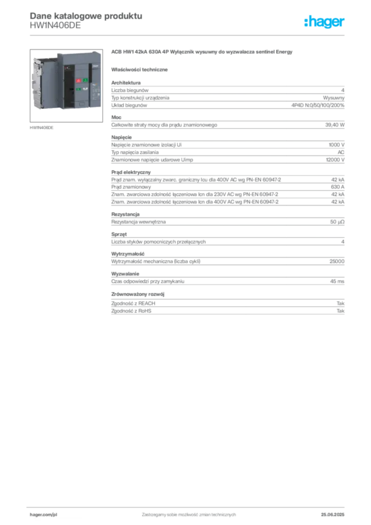 Zdjęcie Hager Karta katalogowa HW1N406DE | Hager Polska