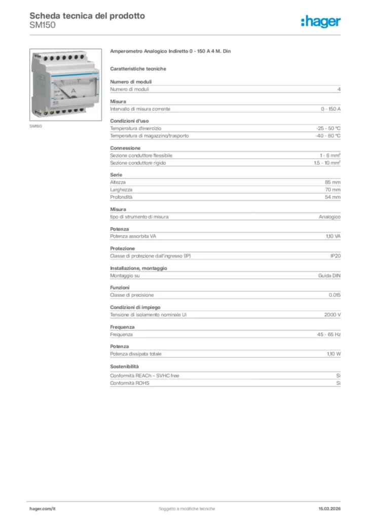 Immagine Hager Scheda tecnica del prodotto SM150 | Hager Italia