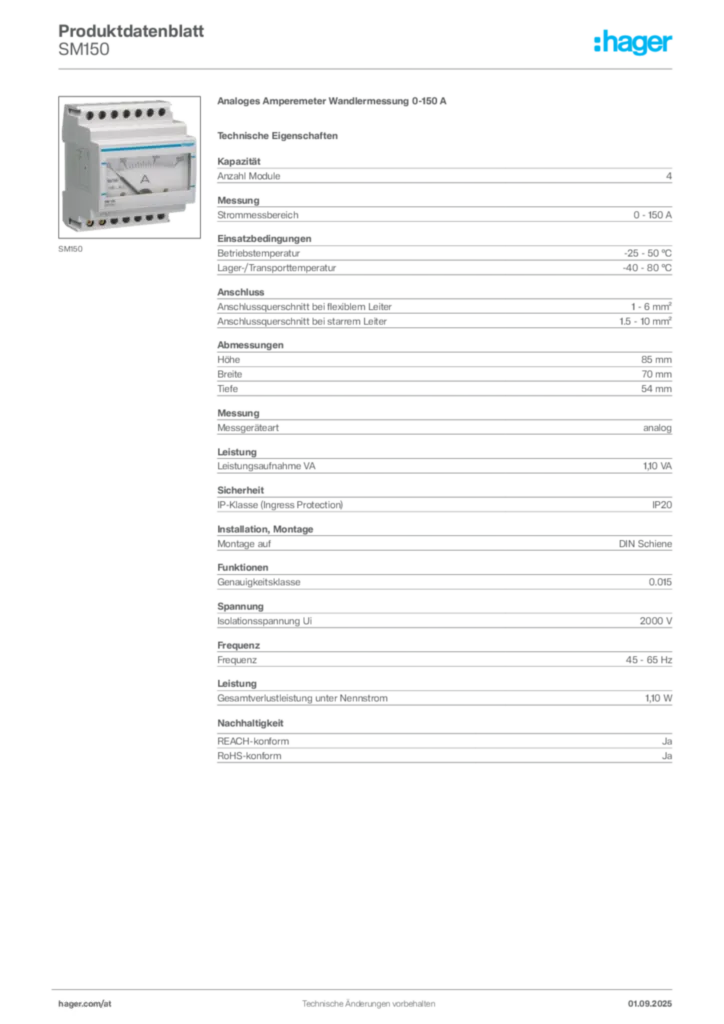 Bild Hager Produktdatenblatt SM150 | Hager Deutschland