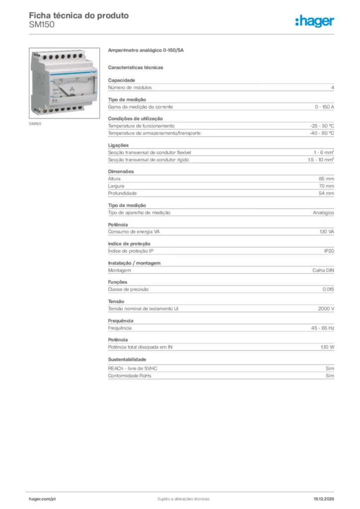 Imagem Hager Ficha técnica do produto SM150 | Hager Portugal