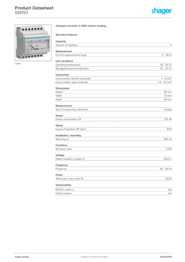 Image Hager Product data sheet SM150  | Hager Australia