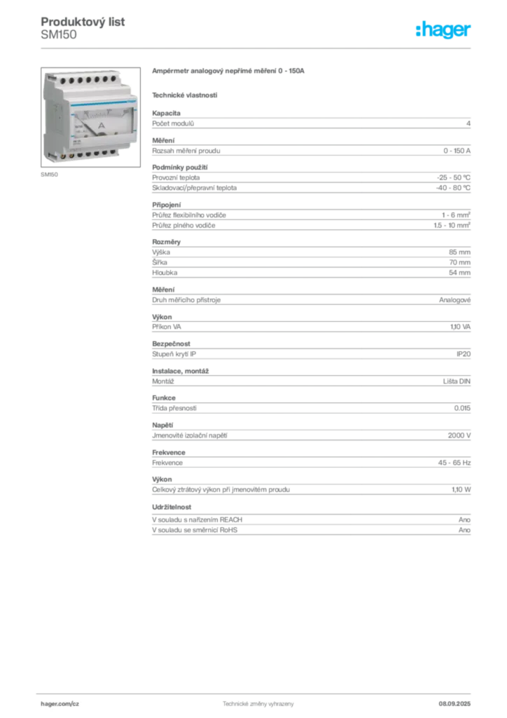 Obrázek Hager Produktový list SM150 | Hager