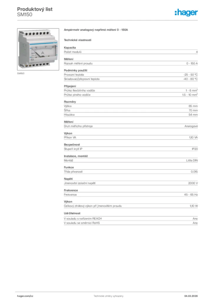 Obrázek Hager Product data sheet SM150 | Hager
