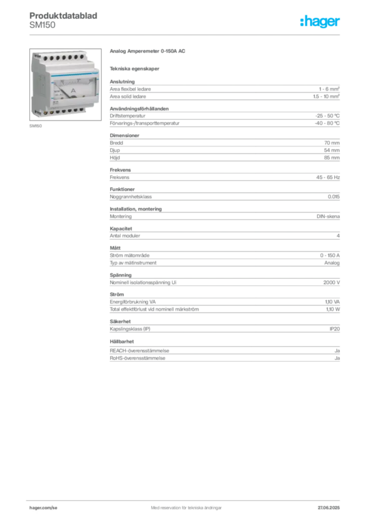 Bild Hager Produktdatablad SM150 | Hager Sverige