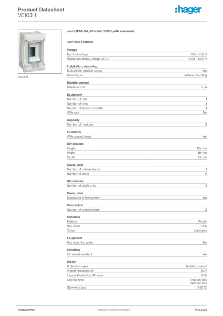 Image Hager Product data sheet VE103H  | Hager Australia