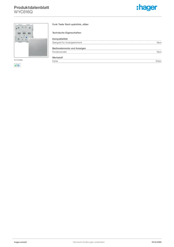 Bild Hager Produktdatenblatt WYC816Q | Hager Deutschland