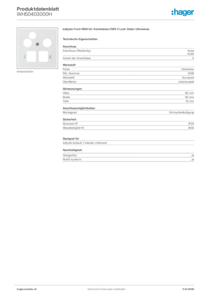 Bild Hager Produktdatenblatt WH50403000H | Hager Schweiz