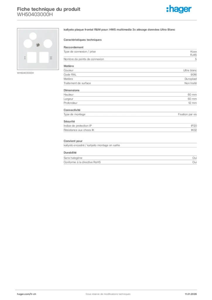 Image Hager Fiche technique du produit WH50403000H | Hager Suisse