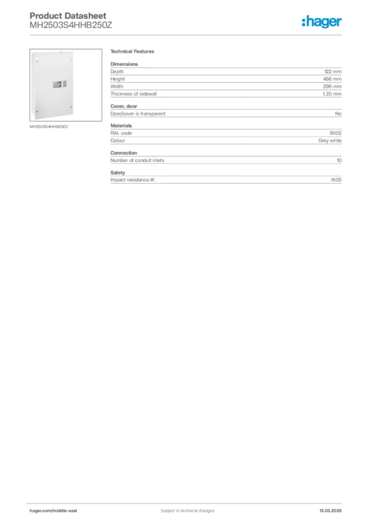 Image Hager Product data sheet MH2503S4HHB250Z  | Hager