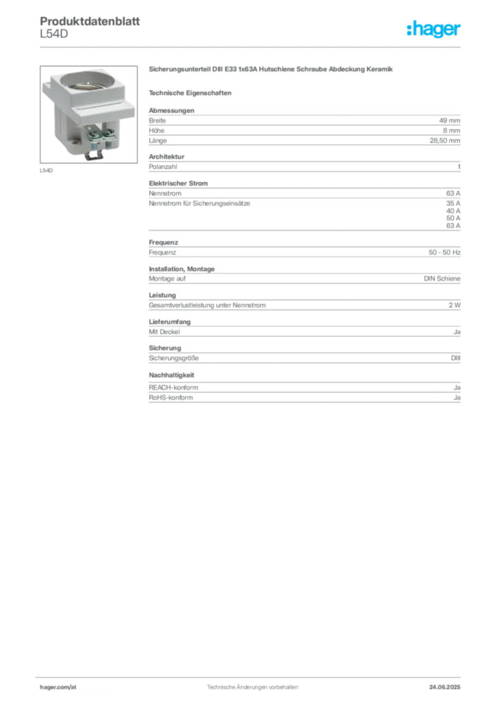 Bild Hager Produktdatenblatt L54D | Hager Deutschland