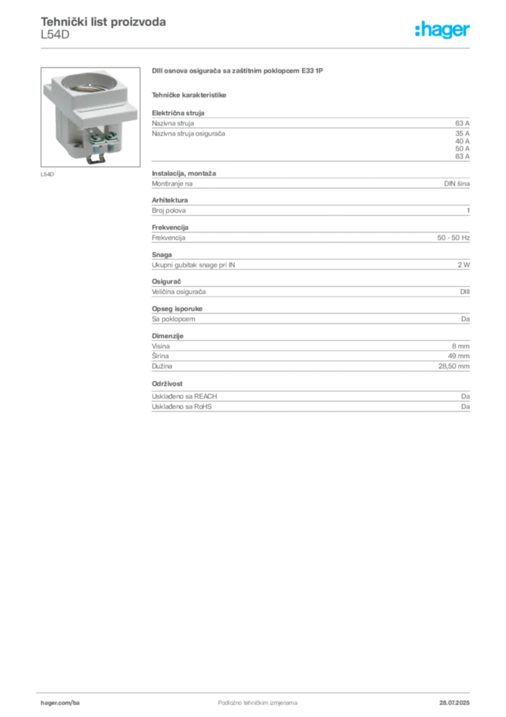 Slika Hager Product data sheet L54D  | Hager