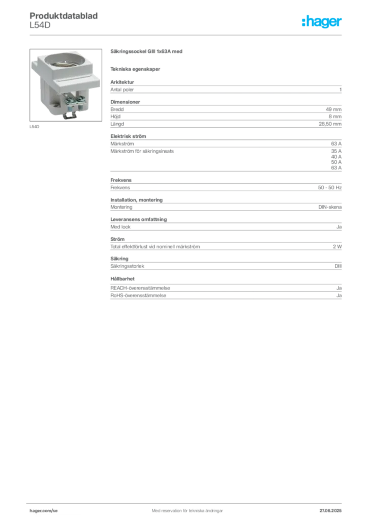 Bild Hager Produktdatablad L54D | Hager Sverige