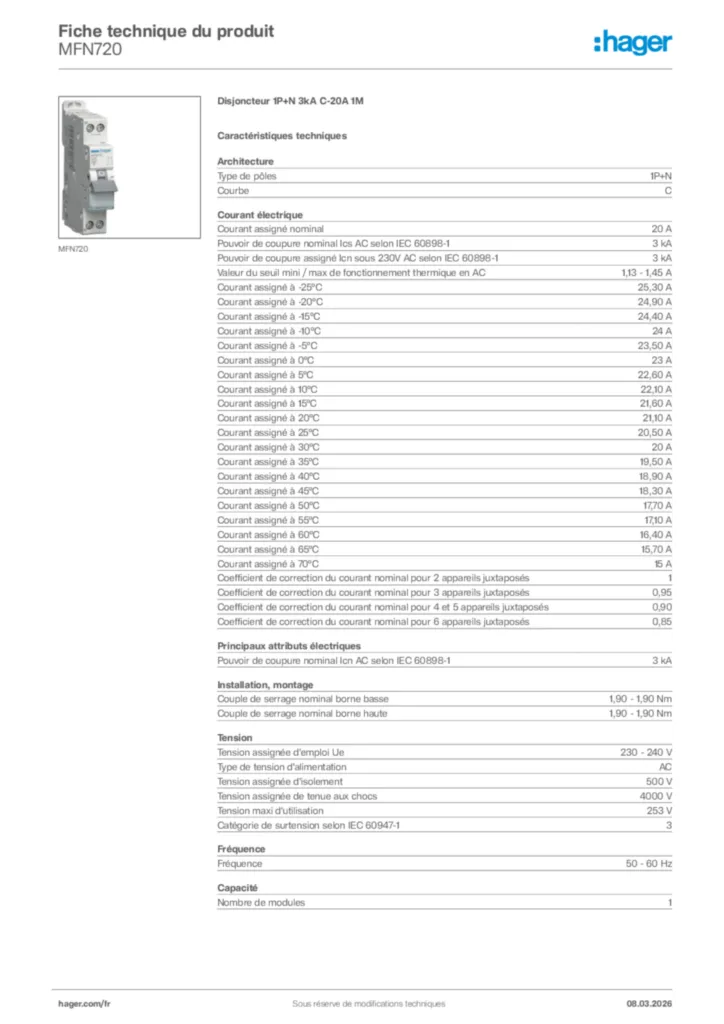 Image Hager Fiche technique du produit MFN720 | Hager France