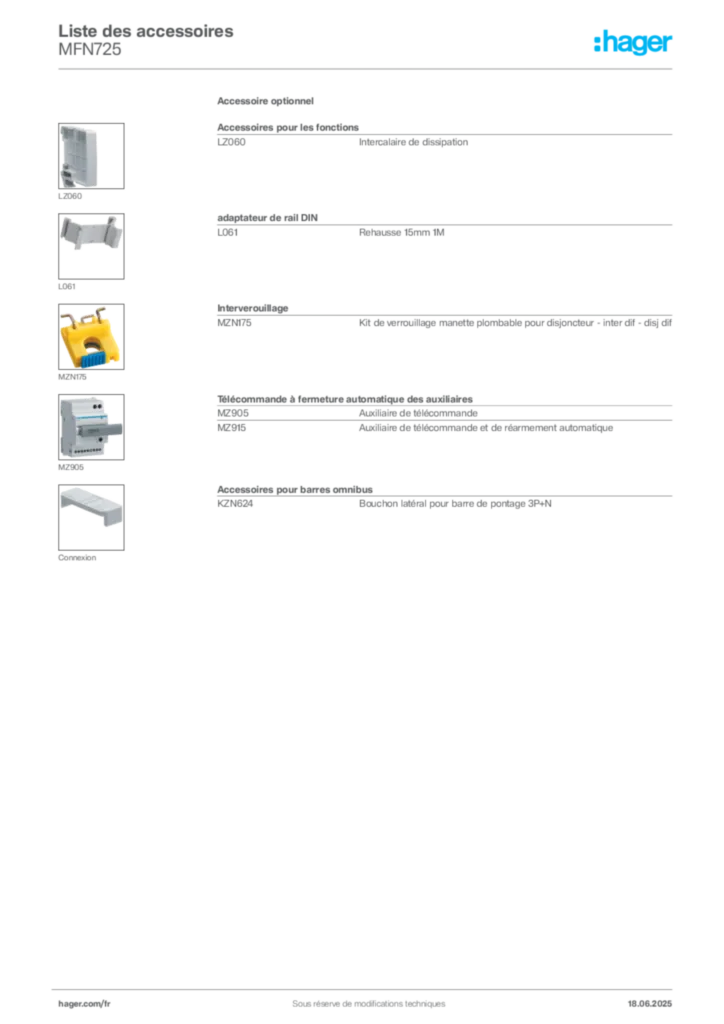 Image Hager Fiche technique du produit MFN725 | Hager France