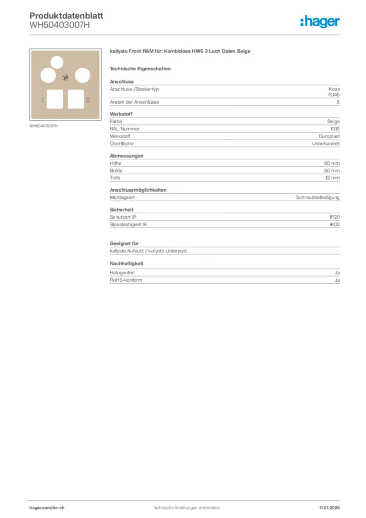 Bild Hager Produktdatenblatt WH50403007H | Hager Schweiz