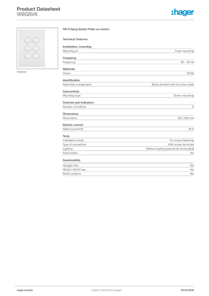 Image Hager Product data sheet WBQSV6  | Hager Australia