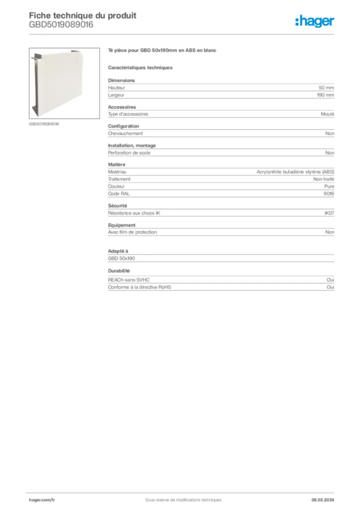 Image Hager Fiche technique du produit GBD5019089016 | Hager France