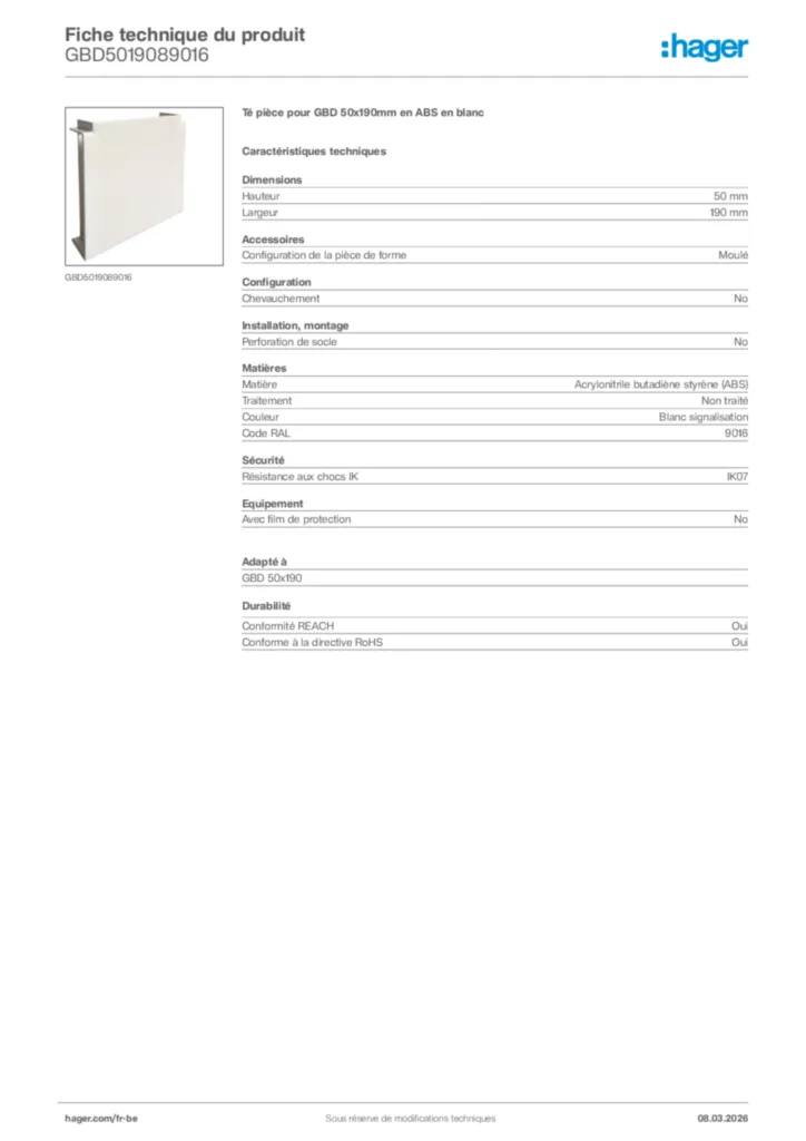 Image Hager Fiche technique du produit GBD5019089016 | Hager Belgique