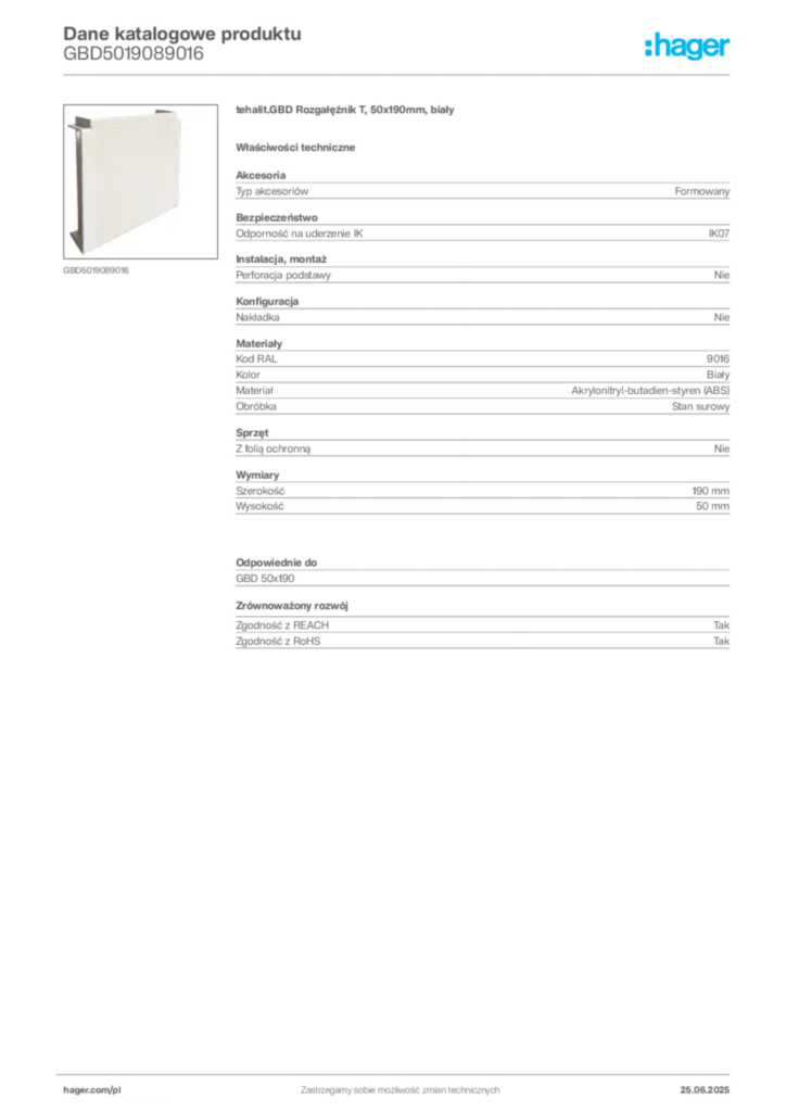 Zdjęcie Hager Karta katalogowa GBD5019089016 | Hager Polska