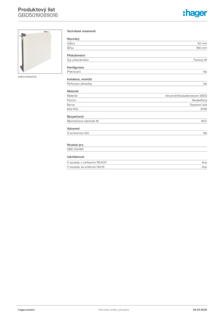 Obrázek Hager Product data sheet GBD5019089016 | Hager