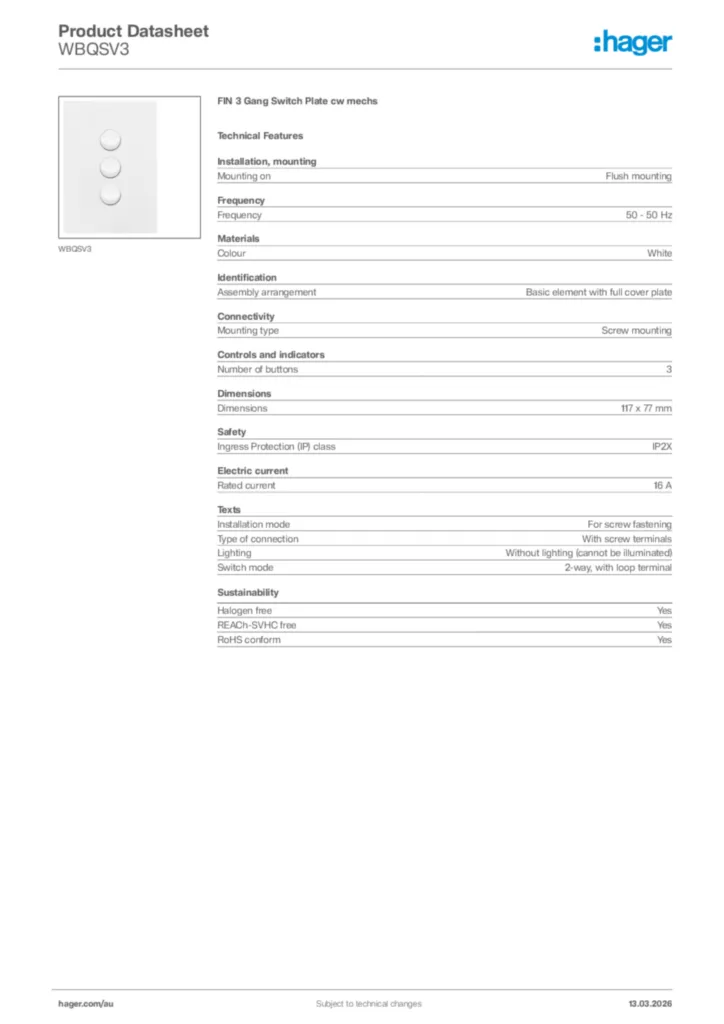 Image Hager Product data sheet WBQSV3  | Hager Australia