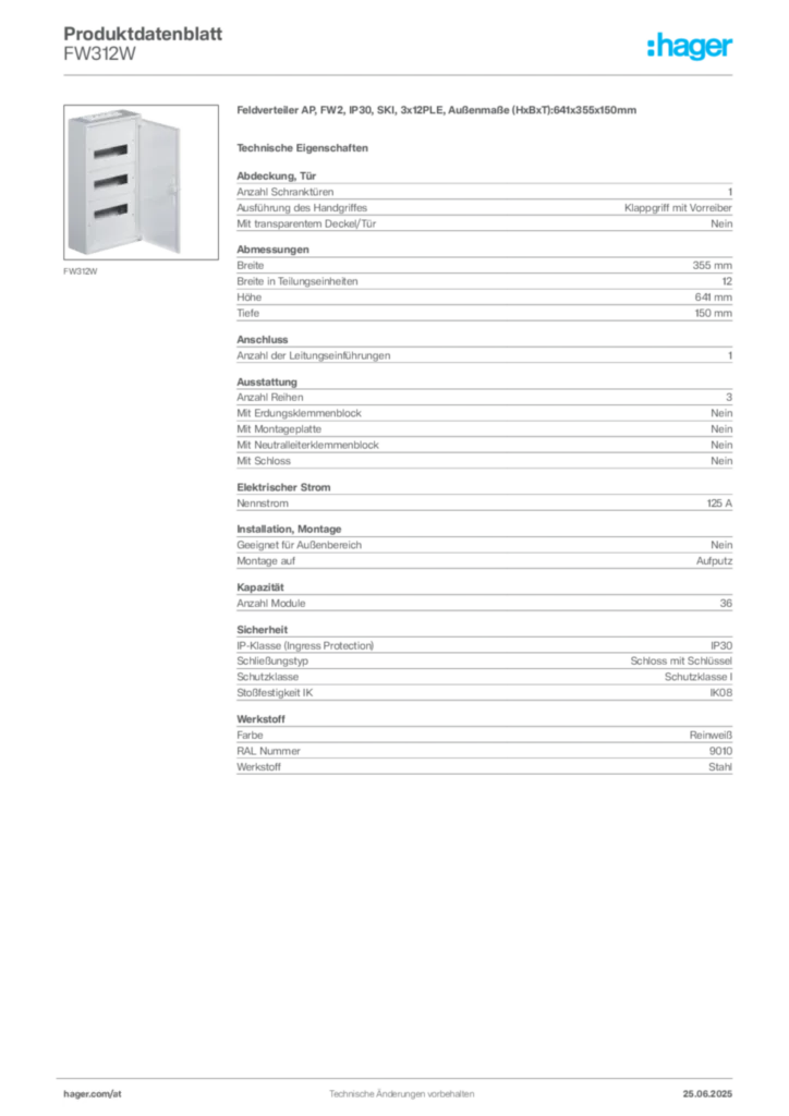 Bild Hager Produktdatenblatt FW312W | Hager Deutschland