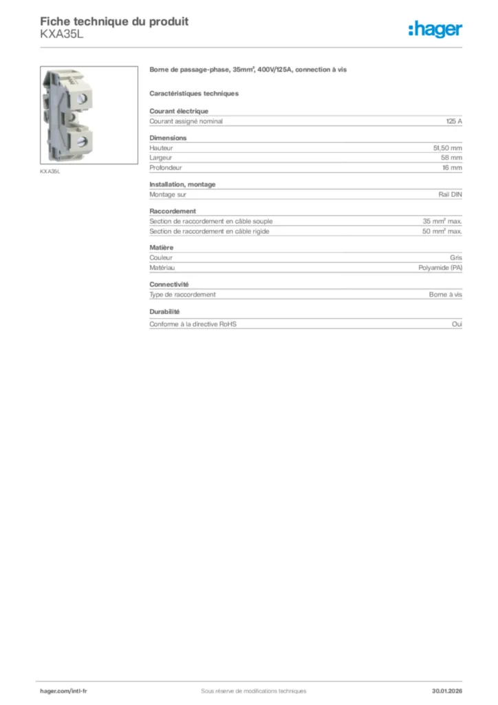 Image Hager Fiche technique du produit KXA35L | Hager Afrique