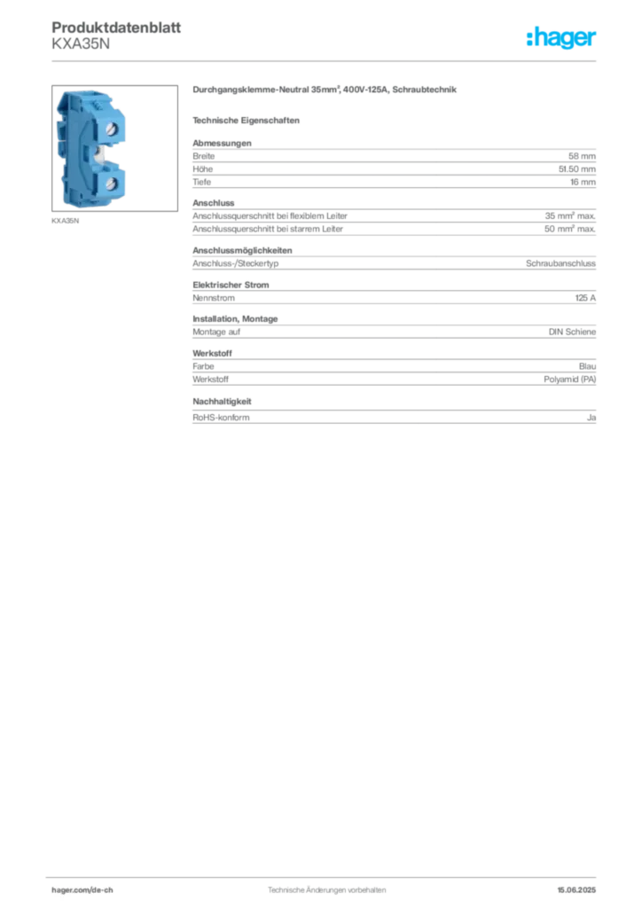 Bild Hager Produktdatenblatt KXA35N | Hager Schweiz