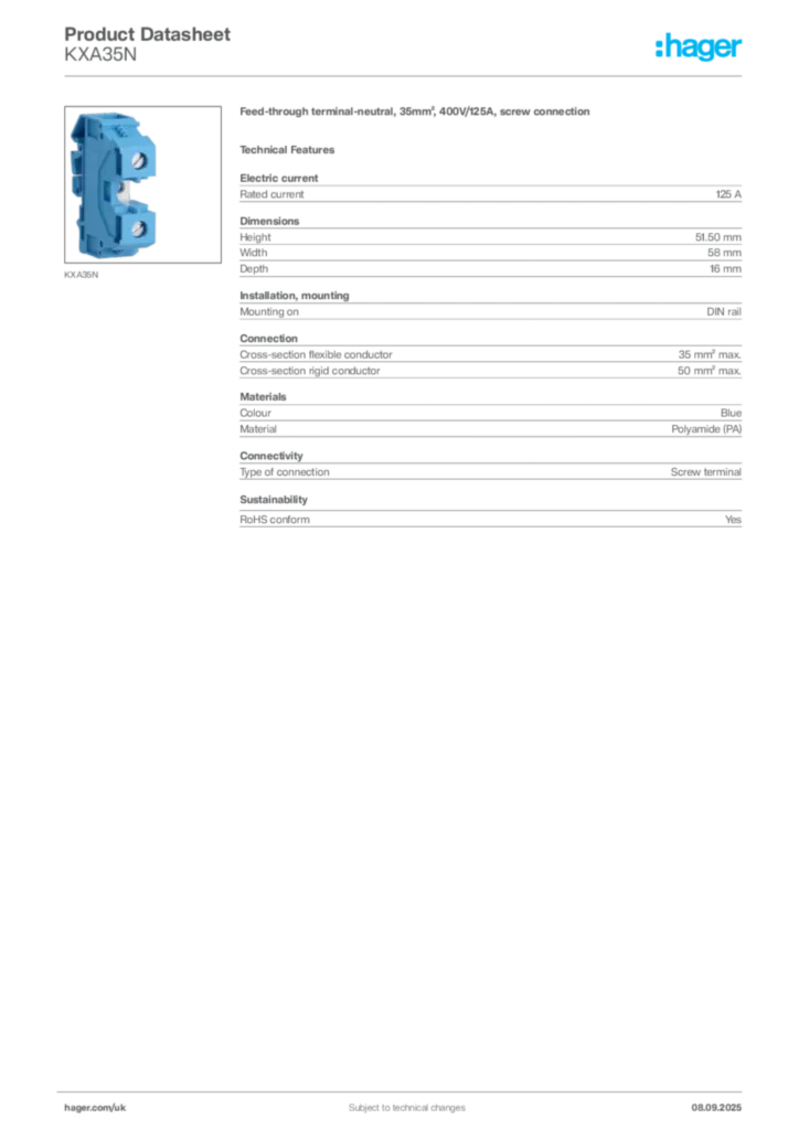 Image Hager Product data sheet KXA35N  | Hager