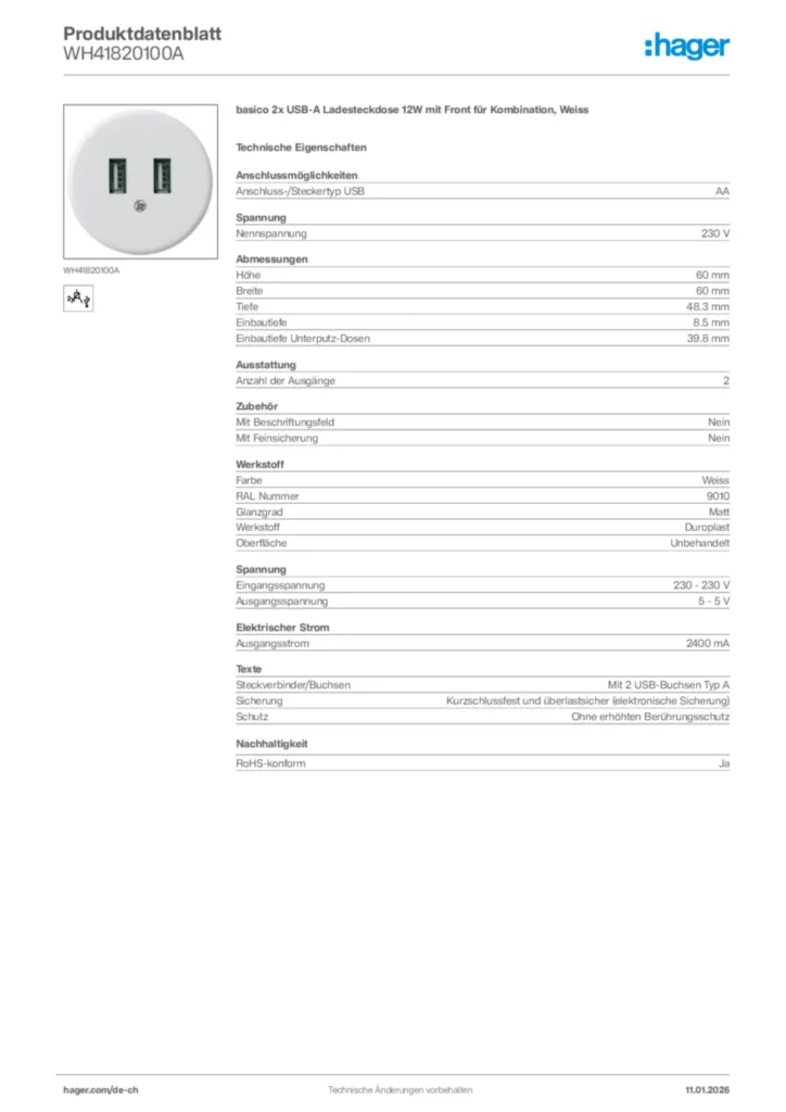 Bild Hager Produktdatenblatt WH41820100A | Hager Schweiz