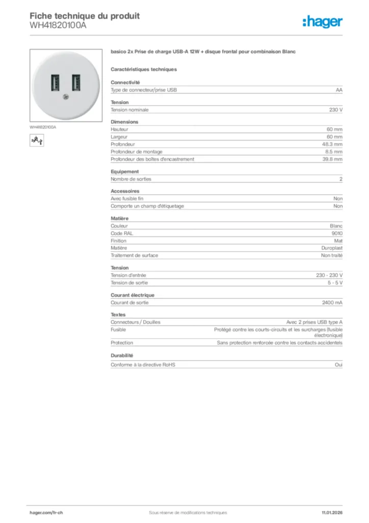 Image Hager Fiche technique du produit WH41820100A | Hager Suisse