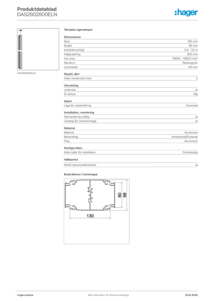 Bild Hager Produktdatablad DAS2802800ELN | Hager Sverige