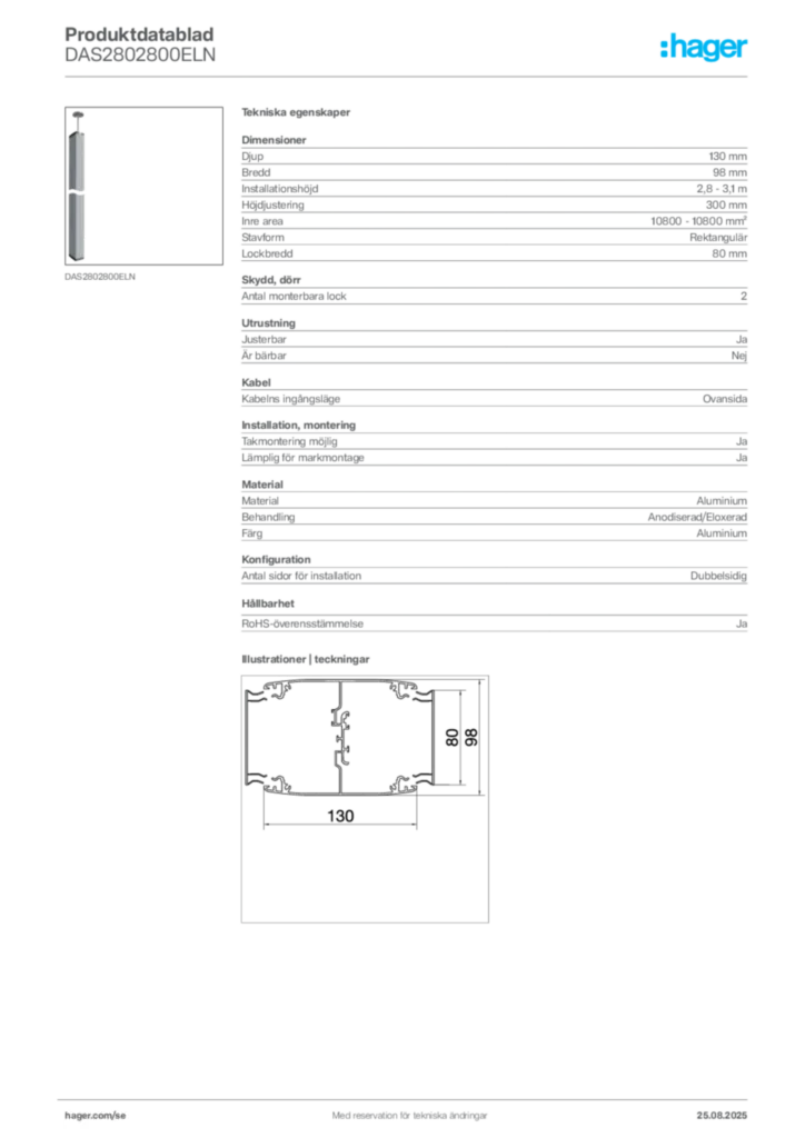 Bild Hager Produktdatablad DAS2802800ELN | Hager Sverige