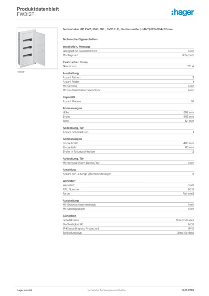 Bild Hager Produktdatenblatt FW312F | Hager Deutschland