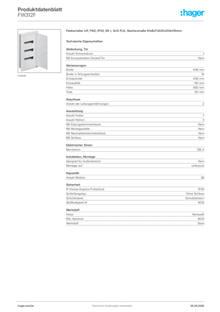 Bild Hager Produktdatenblatt FW312F | Hager Deutschland