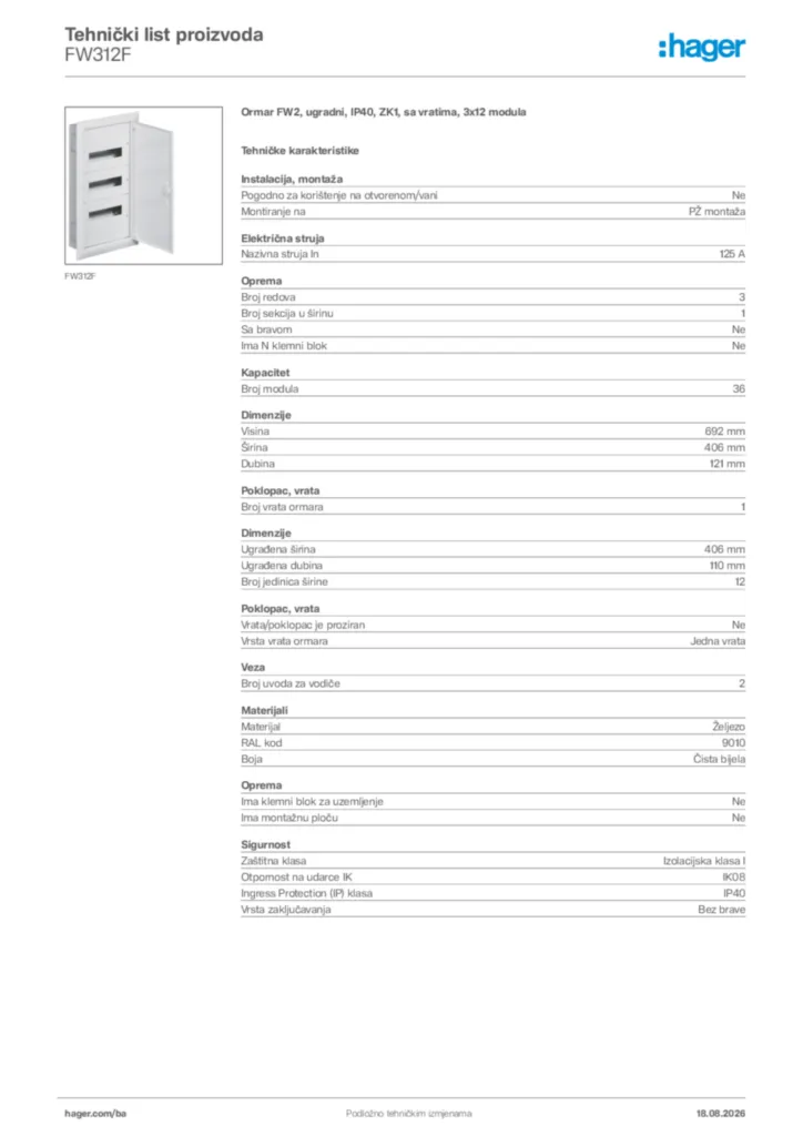 Slika Hager Tehnički list proizvoda FW312F  | Hager